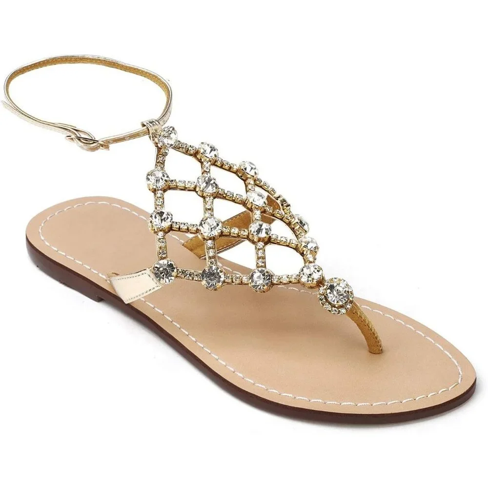 Women's Gold Rhinestone Upper Flat T Strap Thong Flip Flop Sandals Shoes - Picture 2 of 9